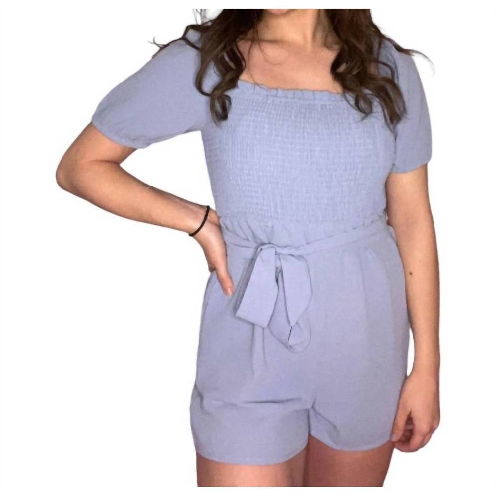 NEW ELOOK smocked square neck waist tie romper in blue
